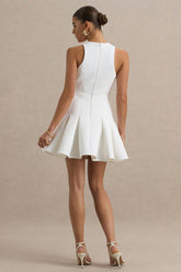 Leilani | White Racer-Neck Mini Dress With Ruffling Detail